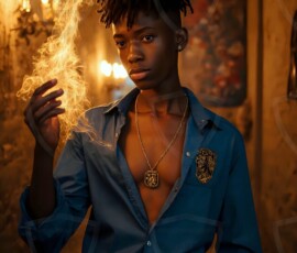 AI-generated wizards of the lion house handsome shirtless mages of the wizard academy conjuring great white lions in cinematic UHD fantasy art.