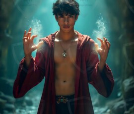 AI-generated wizards of the lion house handsome shirtless mages of the wizard academy conjuring great white lions in cinematic UHD fantasy art.