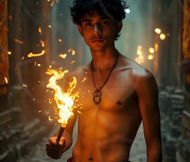 AI-generated wizards of the lion house handsome shirtless mages of the wizard academy conjuring great white lions in cinematic UHD fantasy art.