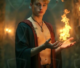 AI-generated wizards of the lion house handsome shirtless mages of the wizard academy conjuring great white lions in cinematic UHD fantasy art.