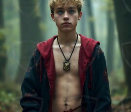 AI-generated wizards of the lion house — handsome shirtless mages of the wizard academy conjuring great white lions in cinematic UHD fantasy art.