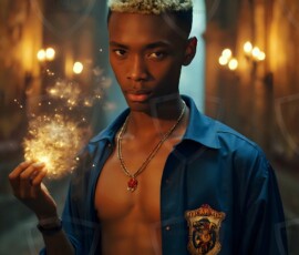 AI-generated wizards of the lion house handsome shirtless mages of the wizard academy conjuring great white lions in cinematic UHD fantasy art.