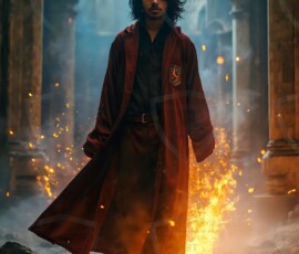 AI-generated wizards of the lion house handsome shirtless mages of the wizard academy conjuring great white lions in cinematic UHD fantasy art.