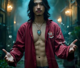 AI-generated wizards of the lion house — handsome shirtless mages of the wizard academy conjuring great white lions in cinematic UHD fantasy art.