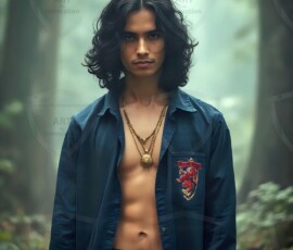 AI-generated wizards of the lion house handsome shirtless mages of the wizard academy conjuring great white lions in cinematic UHD fantasy art.