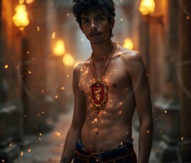 AI-generated wizards of the lion house — handsome shirtless mages of the wizard academy conjuring great white lions in cinematic UHD fantasy art.