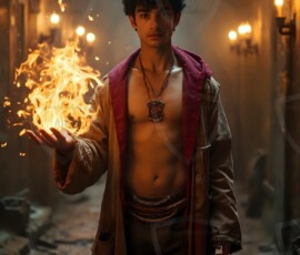 AI-generated wizards of the lion house handsome shirtless mages of the wizard academy conjuring great white lions in cinematic UHD fantasy art.