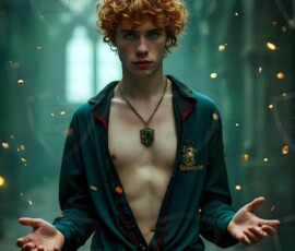 AI-generated wizards of the lion house — handsome shirtless mages of the wizard academy conjuring great white lions in cinematic UHD fantasy art.