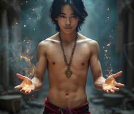 AI-generated wizards of the lion house handsome shirtless mages of the wizard academy conjuring great white lions in cinematic UHD fantasy art.