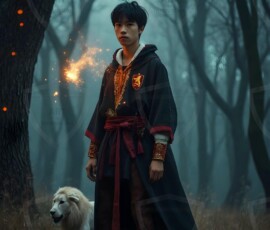 AI-generated wizards of the lion house handsome shirtless mages of the wizard academy conjuring great white lions in cinematic UHD fantasy art.