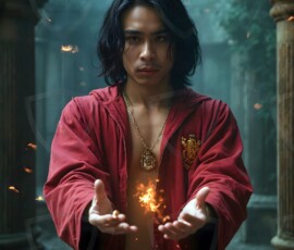 AI-generated wizards of the lion house handsome shirtless mages of the wizard academy conjuring great white lions in cinematic UHD fantasy art.