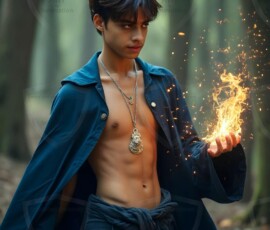 AI-generated wizards of the lion house handsome shirtless mages of the wizard academy conjuring great white lions in cinematic UHD fantasy art.