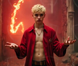 AI-generated wizards of the lion house handsome shirtless mages of the wizard academy conjuring great white lions in cinematic UHD fantasy art.
