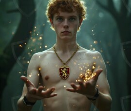 AI-generated wizards of the lion house handsome shirtless mages of the wizard academy conjuring great white lions in cinematic UHD fantasy art.