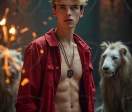 AI-generated wizards of the lion house — handsome shirtless mages of the wizard academy conjuring great white lions in cinematic UHD fantasy art.