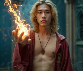 AI-generated wizards of the lion house handsome shirtless mages of the wizard academy conjuring great white lions in cinematic UHD fantasy art.