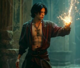 AI-generated wizards of the lion house handsome shirtless mages of the wizard academy conjuring great white lions in cinematic UHD fantasy art.