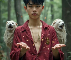 AI-generated wizards of the lion house handsome shirtless mages of the wizard academy conjuring great white lions in cinematic UHD fantasy art.