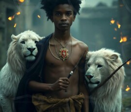 AI-generated wizards of the lion house handsome shirtless mages of the wizard academy conjuring great white lions in cinematic UHD fantasy art.
