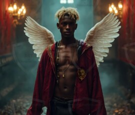 AI-generated wizards of the lion house handsome shirtless mages of the wizard academy conjuring great white lions in cinematic UHD fantasy art.