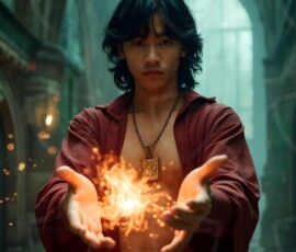 AI-generated wizards of the lion house — handsome shirtless mages of the wizard academy conjuring great white lions in cinematic UHD fantasy art.