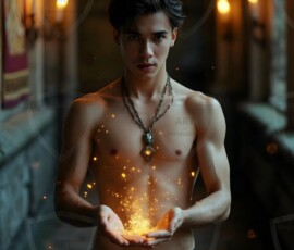 AI-generated wizards of the lion house handsome shirtless mages of the wizard academy conjuring great white lions in cinematic UHD fantasy art.