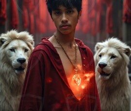 AI-generated wizards of the lion house handsome shirtless mages of the wizard academy conjuring great white lions in cinematic UHD fantasy art.