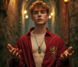 AI-generated wizards of the lion house — handsome shirtless mages of the wizard academy conjuring great white lions in cinematic UHD fantasy art.