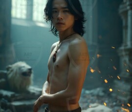 AI-generated wizards of the lion house handsome shirtless mages of the wizard academy conjuring great white lions in cinematic UHD fantasy art.