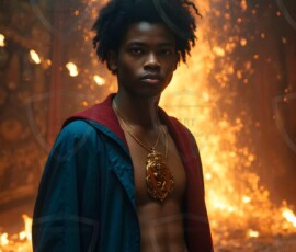AI-generated wizards of the lion house handsome shirtless mages of the wizard academy conjuring great white lions in cinematic UHD fantasy art.