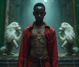 AI-generated wizards of the lion house handsome shirtless mages of the wizard academy conjuring great white lions in cinematic UHD fantasy art.