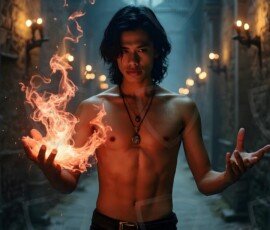 AI-generated wizards of the lion house handsome shirtless mages of the wizard academy conjuring great white lions in cinematic UHD fantasy art.