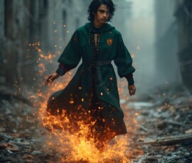 AI-generated wizards of the lion house handsome shirtless mages of the wizard academy conjuring great white lions in cinematic UHD fantasy art.