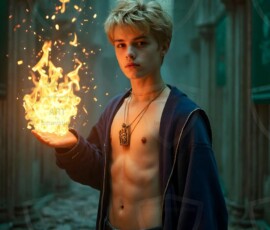 AI-generated wizards of the lion house — handsome shirtless mages of the wizard academy conjuring great white lions in cinematic UHD fantasy art.