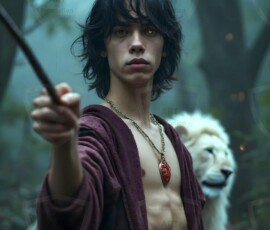 AI-generated wizards of the lion house handsome shirtless mages of the wizard academy conjuring great white lions in cinematic UHD fantasy art.