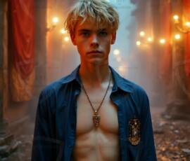 AI-generated wizards of the lion house handsome shirtless mages of the wizard academy conjuring great white lions in cinematic UHD fantasy art.