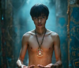 AI-generated wizards of the lion house handsome shirtless mages of the wizard academy conjuring great white lions in cinematic UHD fantasy art.