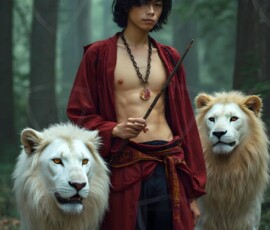 AI-generated wizards of the lion house handsome shirtless mages of the wizard academy conjuring great white lions in cinematic UHD fantasy art.