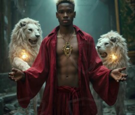 AI-generated wizards of the lion house handsome shirtless mages of the wizard academy conjuring great white lions in cinematic UHD fantasy art.