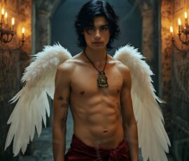 AI-generated wizards of the lion house handsome shirtless mages of the wizard academy conjuring great white lions in cinematic UHD fantasy art.