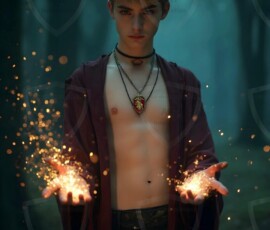 AI-generated wizards of the lion house — handsome shirtless mages of the wizard academy conjuring great white lions in cinematic UHD fantasy art.