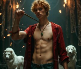 AI-generated wizards of the lion house handsome shirtless mages of the wizard academy conjuring great white lions in cinematic UHD fantasy art.