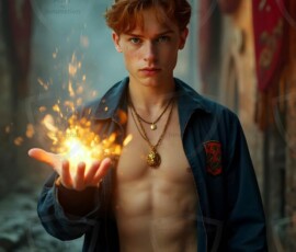 AI-generated wizards of the lion house handsome shirtless mages of the wizard academy conjuring great white lions in cinematic UHD fantasy art.
