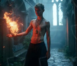 AI-generated wizards of the lion house handsome shirtless mages of the wizard academy conjuring great white lions in cinematic UHD fantasy art.