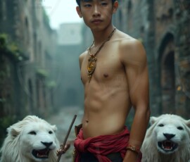 AI-generated wizards of the lion house handsome shirtless mages of the wizard academy conjuring great white lions in cinematic UHD fantasy art.