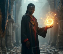 AI-generated wizards of the lion house handsome shirtless mages of the wizard academy conjuring great white lions in cinematic UHD fantasy art.