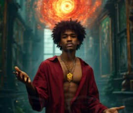 AI-generated wizards of the lion house handsome shirtless mages of the wizard academy conjuring great white lions in cinematic UHD fantasy art.