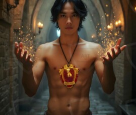 AI-generated wizards of the lion house handsome shirtless mages of the wizard academy conjuring great white lions in cinematic UHD fantasy art.