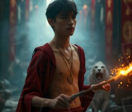 AI-generated wizards of the lion house handsome shirtless mages of the wizard academy conjuring great white lions in cinematic UHD fantasy art.