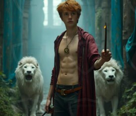 AI-generated wizards of the lion house handsome shirtless mages of the wizard academy conjuring great white lions in cinematic UHD fantasy art.